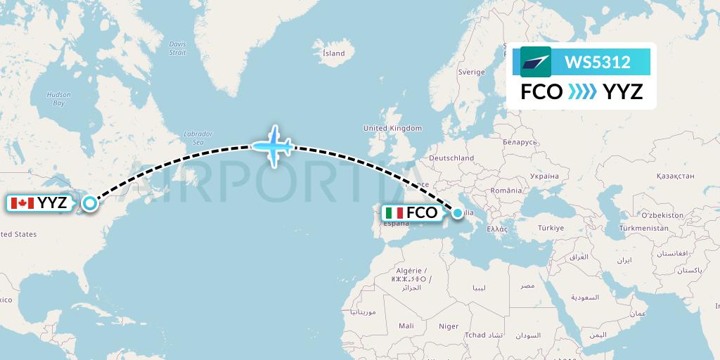 WS5312 WestJet Flight Map: Rome to Toronto