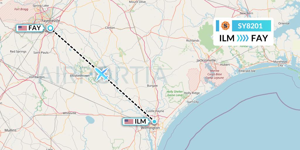 SY8201 Sun Country Airlines Flight Map: Wilmington to Fayetteville
