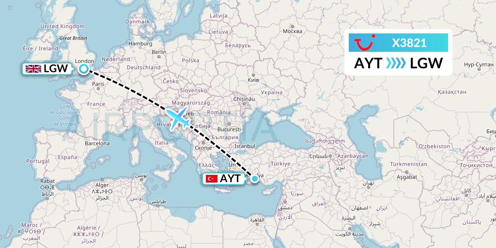 X3821 TUI fly Germany Flight Map: Antalya to London