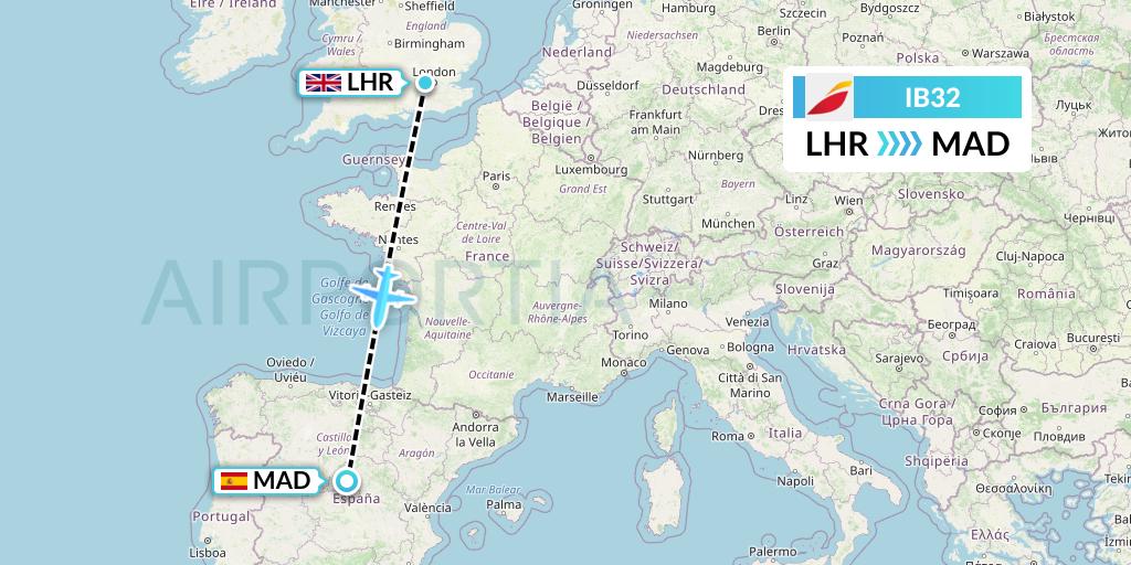 IB32 Iberia Flight Map: London to Madrid