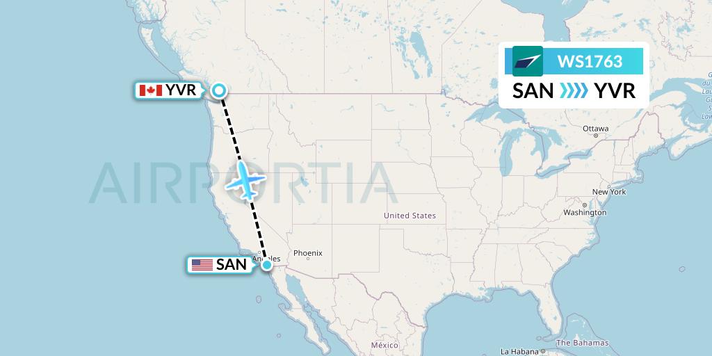 WS1763 WestJet Flight Map: San Diego to Vancouver