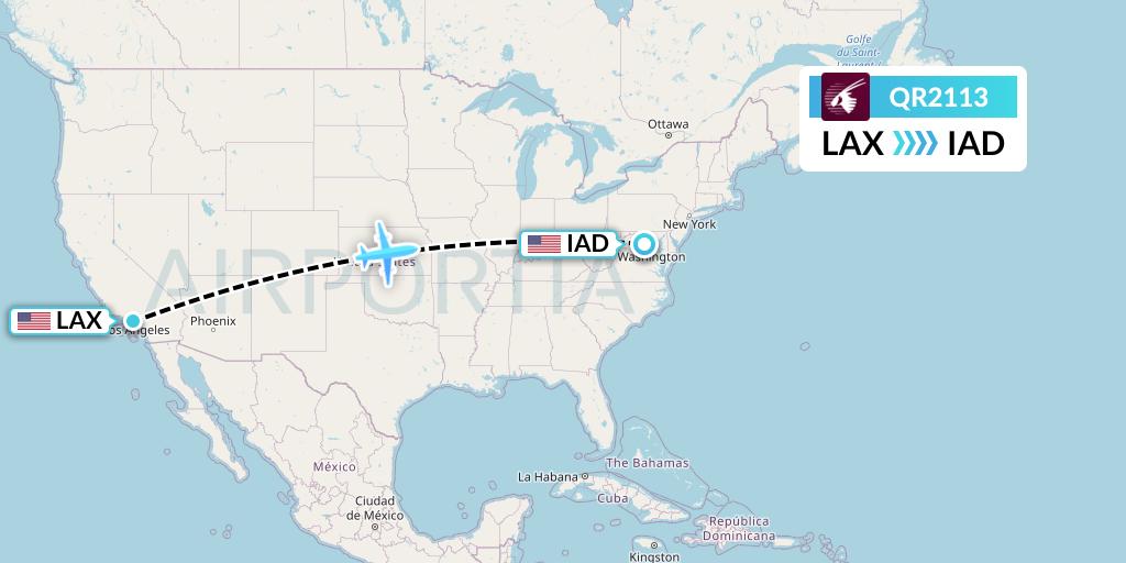 QR2113 Qatar Airways Flight Map: Los Angeles to Washington