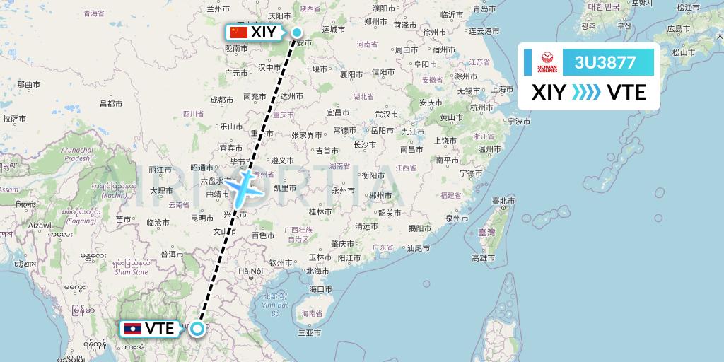 3U3877 Sichuan Airlines Flight Map: Xi'an to Vientiane