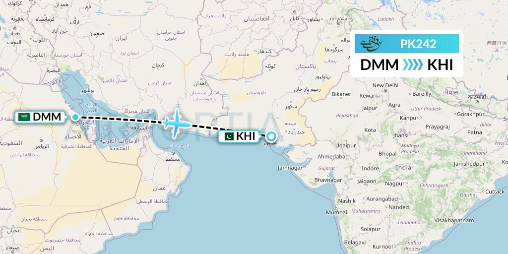 PK242 Pakistan International Airlines Flight Map: Dammam to Karachi