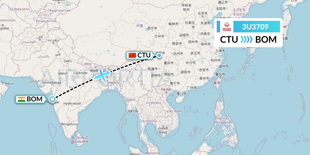 3U3709 Sichuan Airlines Flight Map: Chengdu to Mumbai