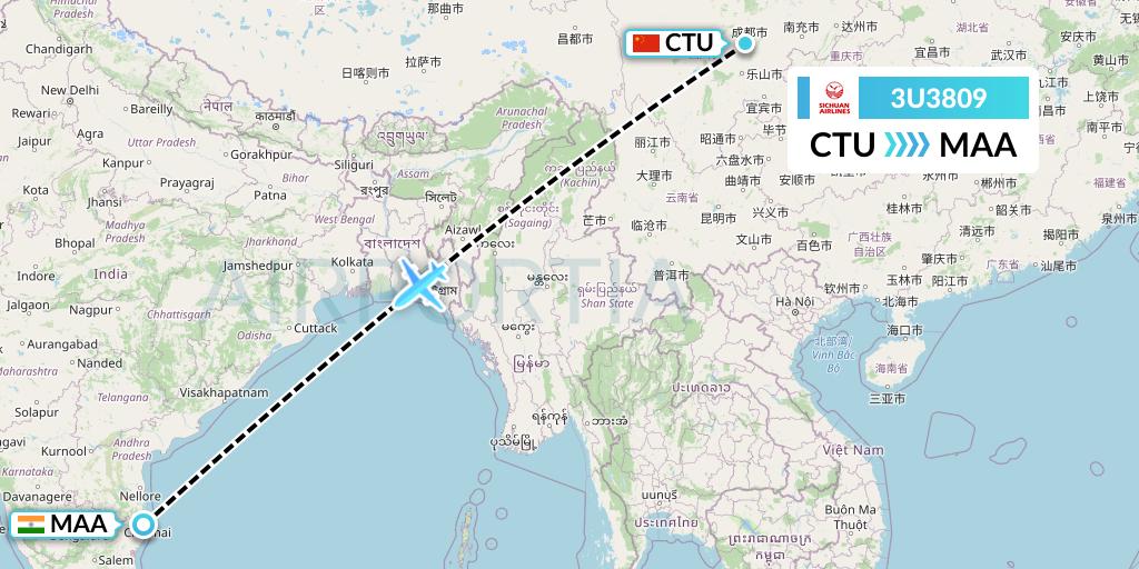 3U3809 Sichuan Airlines Flight Map: Chengdu to Chennai