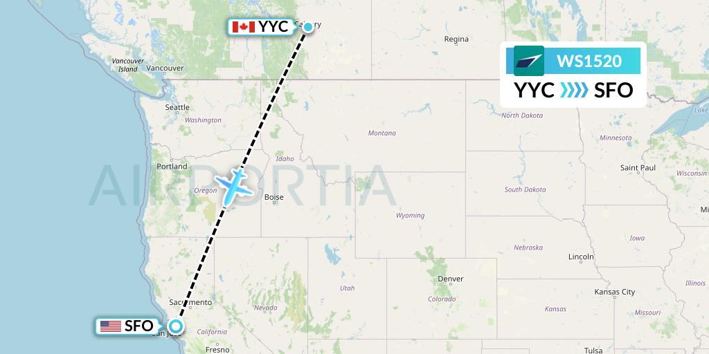 WS1520 WestJet Flight Map: Calgary to San Francisco