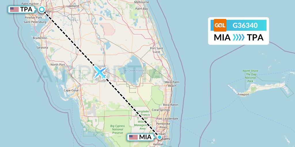 G36340 GOL Transportes Aeros Flight Map: Miami to Tampa