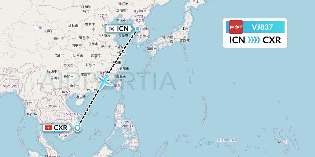 VJ837 VietJet Air Flight Map: Seoul to Nha Trang