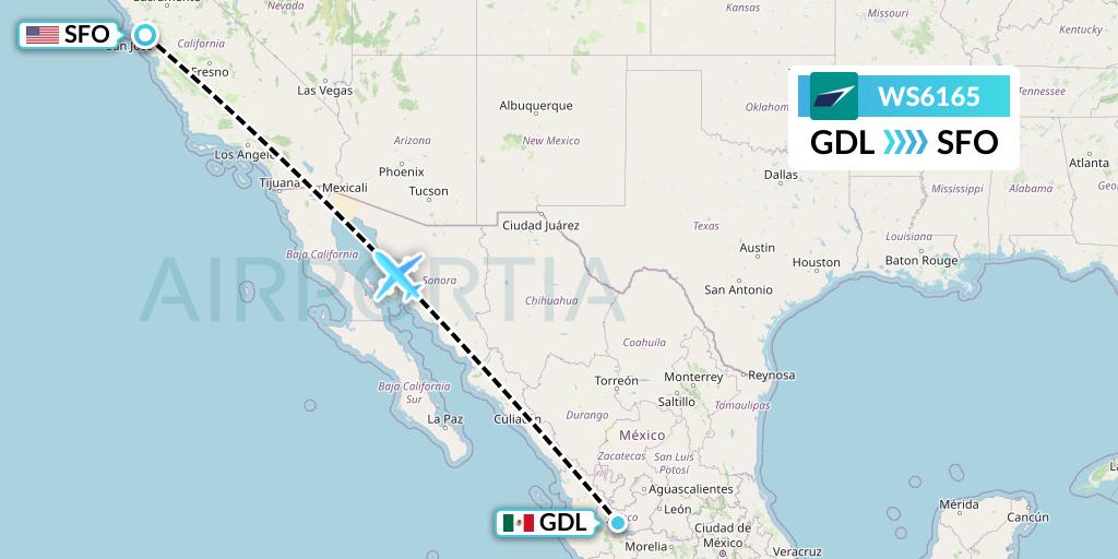 WS6165 WestJet Flight Map: Guadalajara to San Francisco