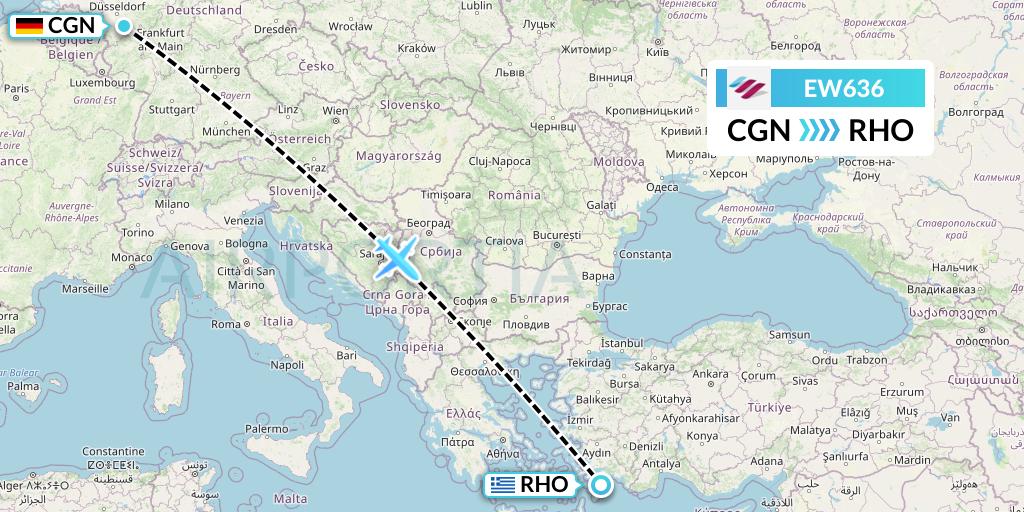 EW636 Eurowings Flight Map: Cologne to Rhodes