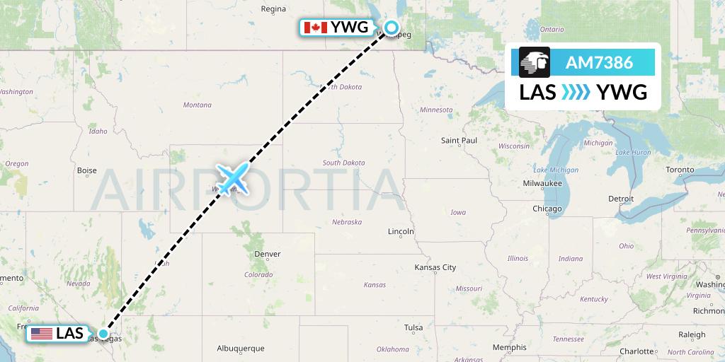 AM7386 Aeromexico Flight Map: Las Vegas to Winnipeg
