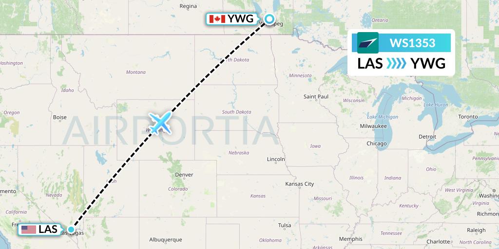 WS1353 WestJet Flight Map: Las Vegas to Winnipeg