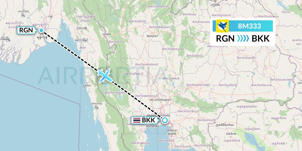 8M333 Myanmar Airways International Flight Map: Yangon to Bangkok
