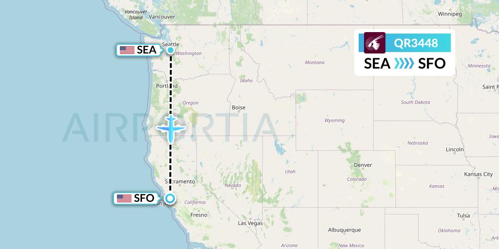 QR3448 Qatar Airways Flight Map: Seattle to San Francisco