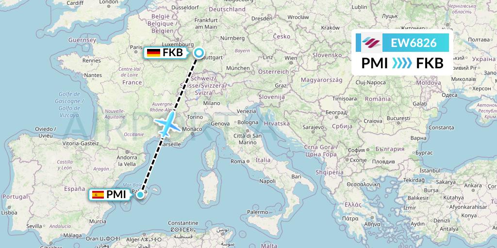 EW6826 Eurowings Flight Map: Palma de Mallorca to Karlsruhe/Baden-Baden