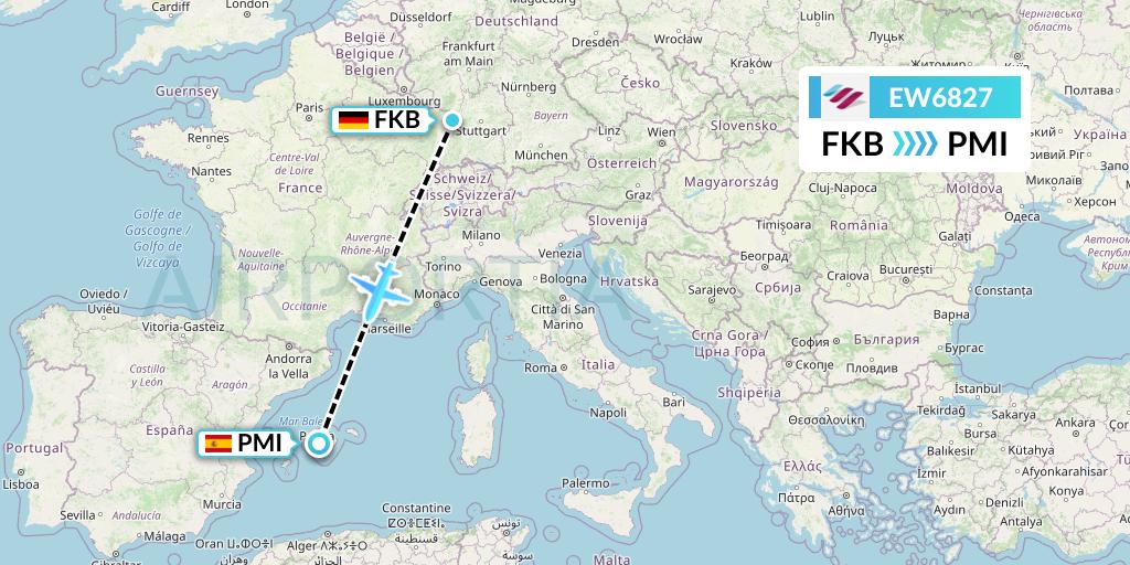 EW6827 Eurowings Flight Map: Karlsruhe/Baden-Baden to Palma de Mallorca