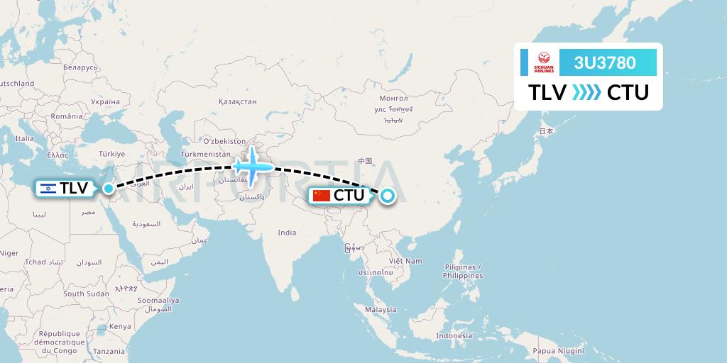 3U3780 Sichuan Airlines Flight Map: Tel Aviv to Chengdu