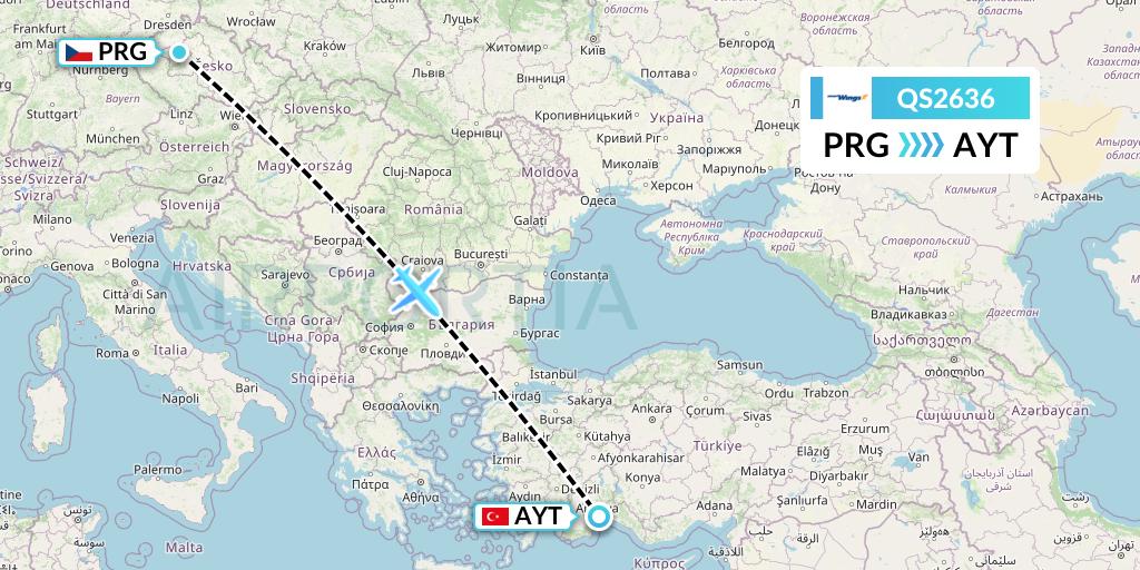 QS2636 Smartwings Flight Map: Prague to Antalya