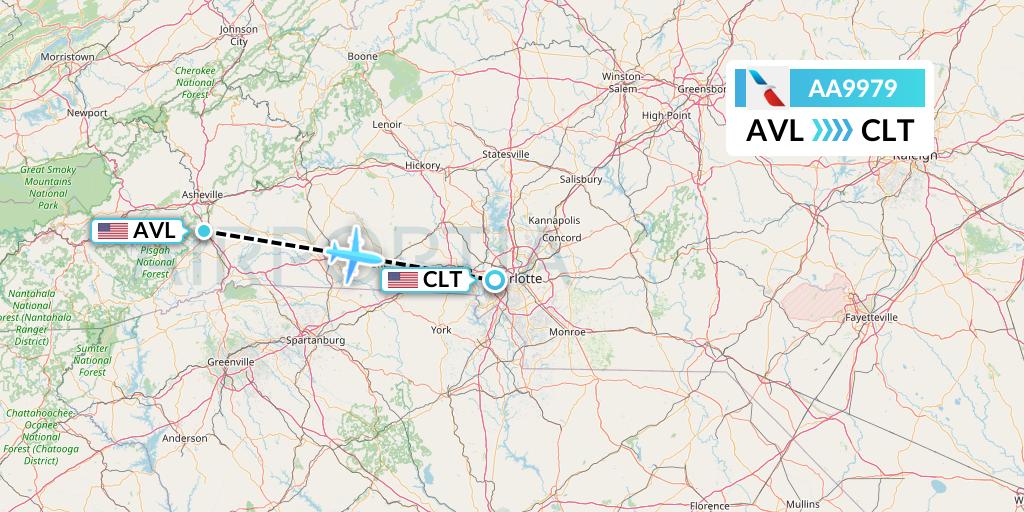 AA9979 American Airlines Flight Map: Asheville to Charlotte