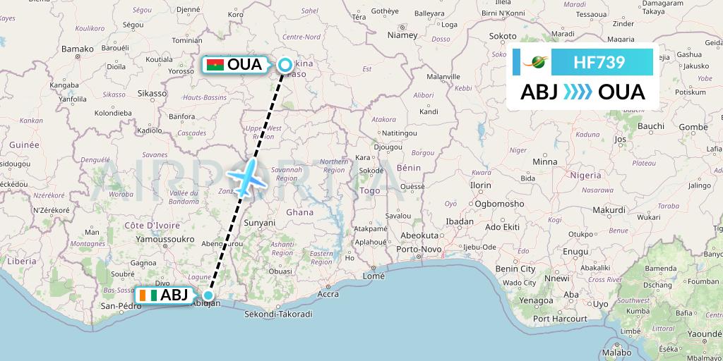 HF739 Air Cote d'Ivoire Flight Map: Abidjan to Ouagadougou