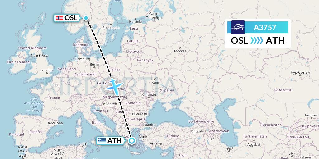 A3757 Aegean Airlines Flight Map: Oslo to Athens