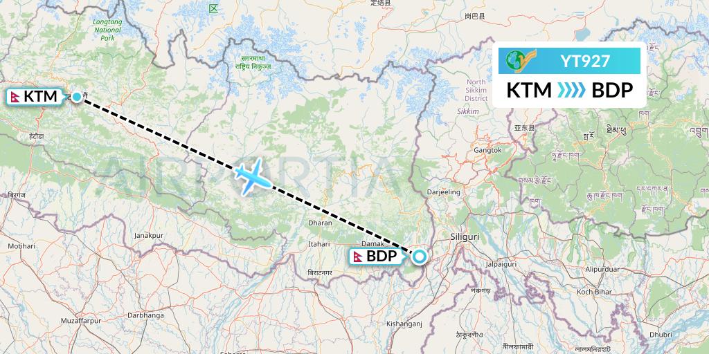 YT927 Yeti Airlines Flight Map: Kathmandu to Bhadrapur