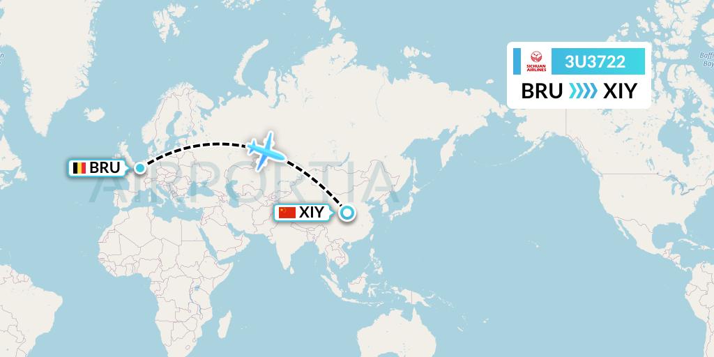 3U3722 Sichuan Airlines Flight Map: Brussels to Xi'an
