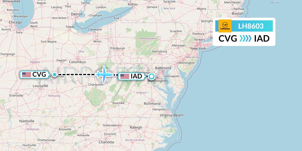 LH8603 Lufthansa Flight Map: Cincinnati to Washington