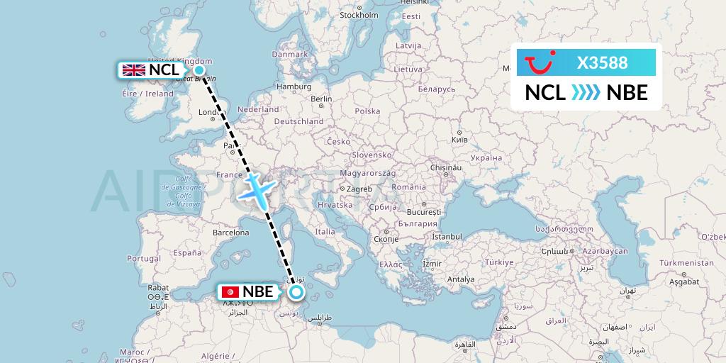 X3588 TUI fly Germany Flight Map: Newcastle to Enfidha