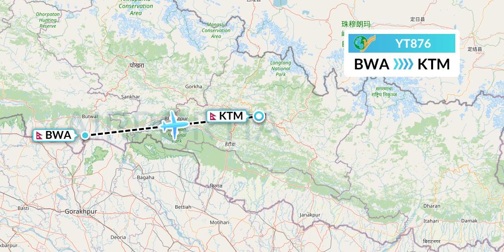 YT876 Yeti Airlines Flight Map: Bhairawa to Kathmandu