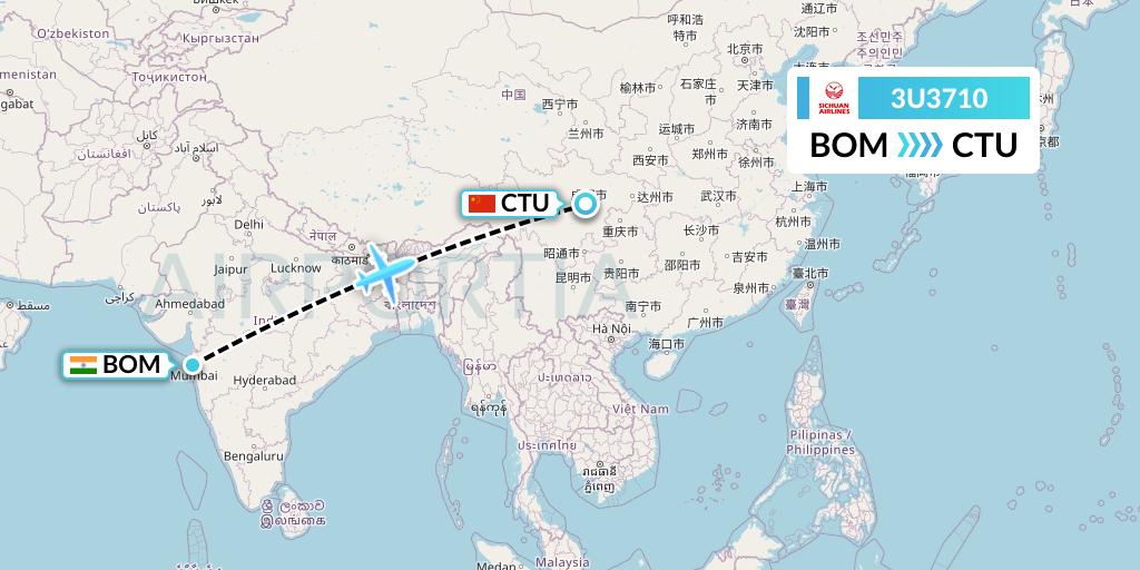 3U3710 Sichuan Airlines Flight Map: Mumbai to Chengdu