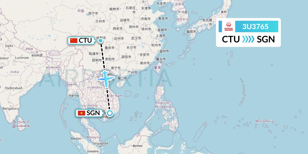3U3765 Sichuan Airlines Flight Map: Chengdu to Ho Chi Minh City