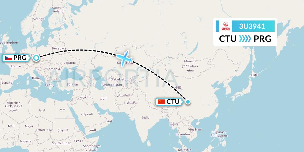 3U3941 Sichuan Airlines Flight Map: Chengdu to Prague