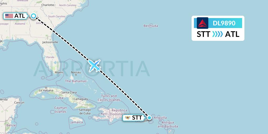 DL9890 Delta Air Lines Flight Map: St. Thomas to Atlanta