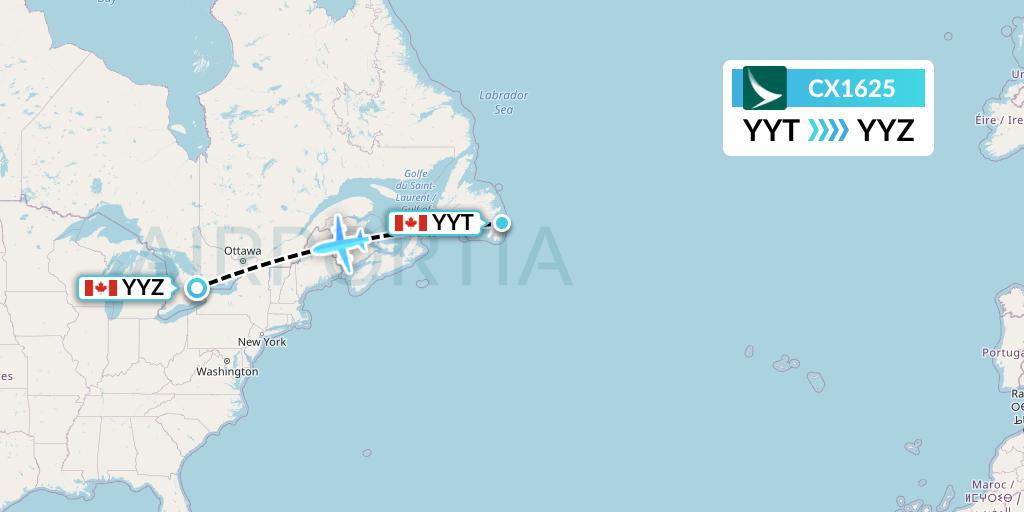 CX1625 Cathay Pacific Flight Map: St. John's to Toronto