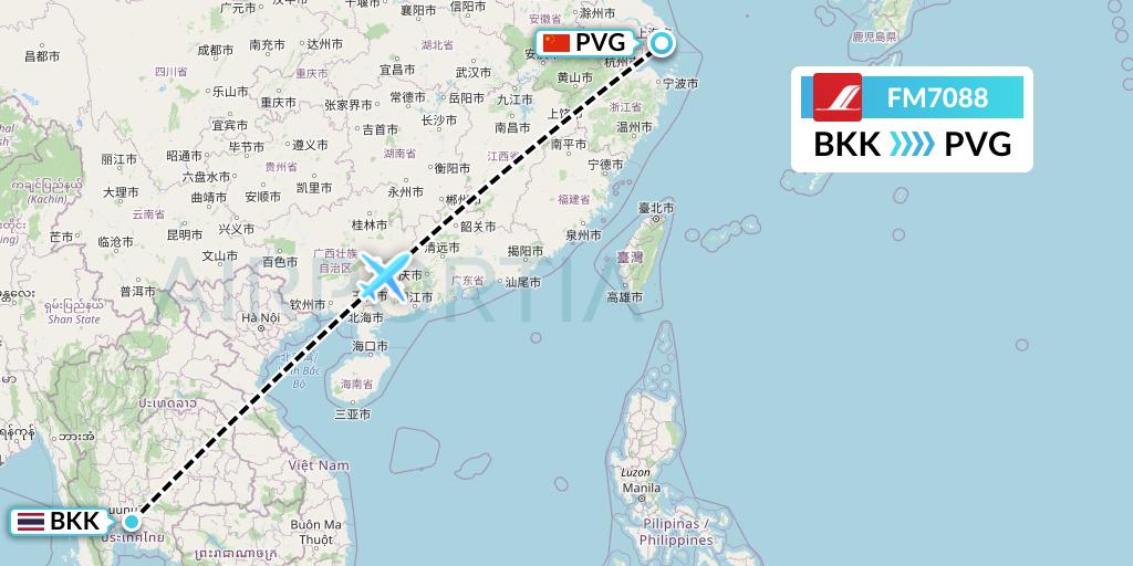 FM7088 Shanghai Airlines Flight Map: Bangkok to Shanghai