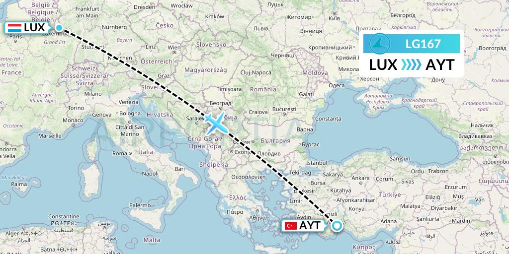 LG167 Luxair Flight Map: Luxembourg to Antalya