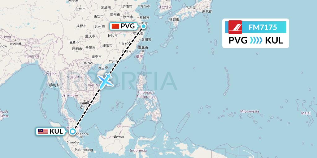 FM7175 Shanghai Airlines Flight Map: Shanghai to Kuala Lumpur