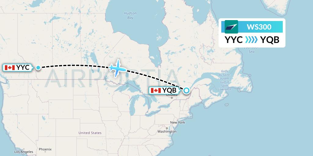 WS300 WestJet Flight Map: Calgary to Quebec