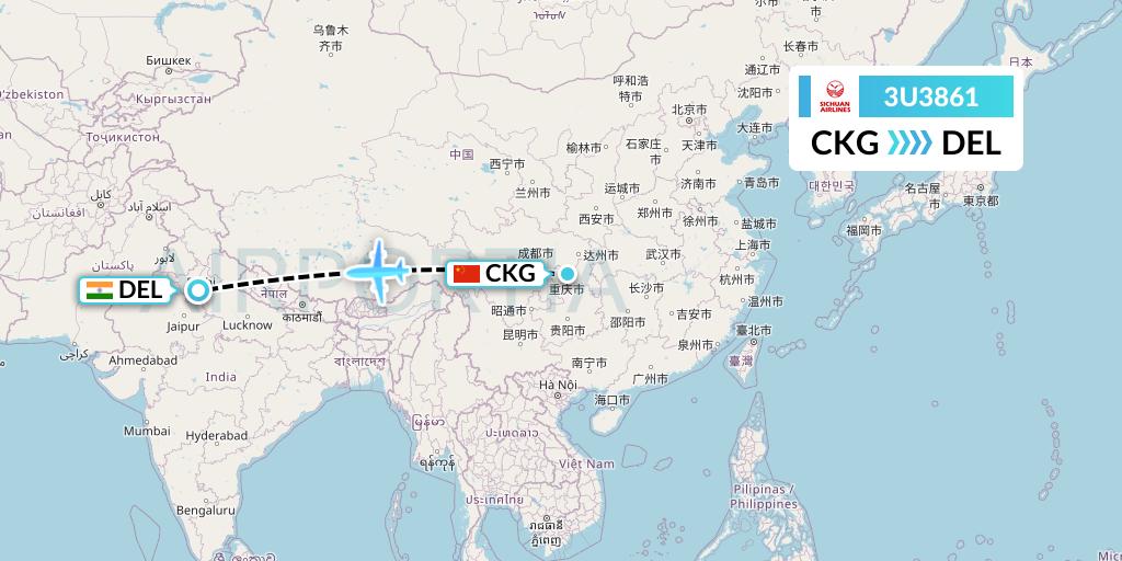 3U3861 Sichuan Airlines Flight Map: Chongqing to Delhi