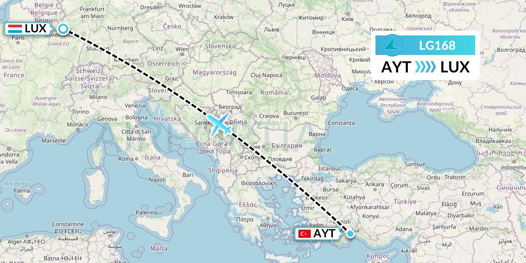 LG168 Luxair Flight Map: Antalya to Luxembourg