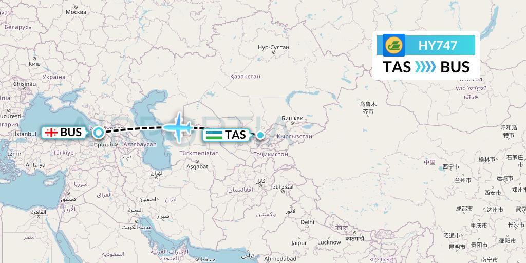 HY747 Uzbekistan Airways Flight Map: Tashkent to Batumi