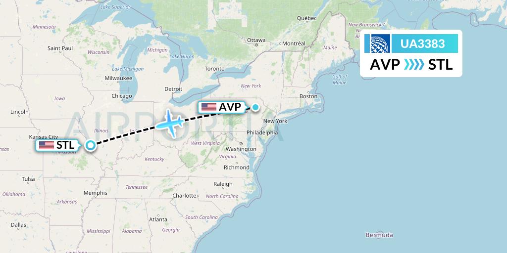 UA3383 United Airlines Flight Map: Avoca to St. Louis
