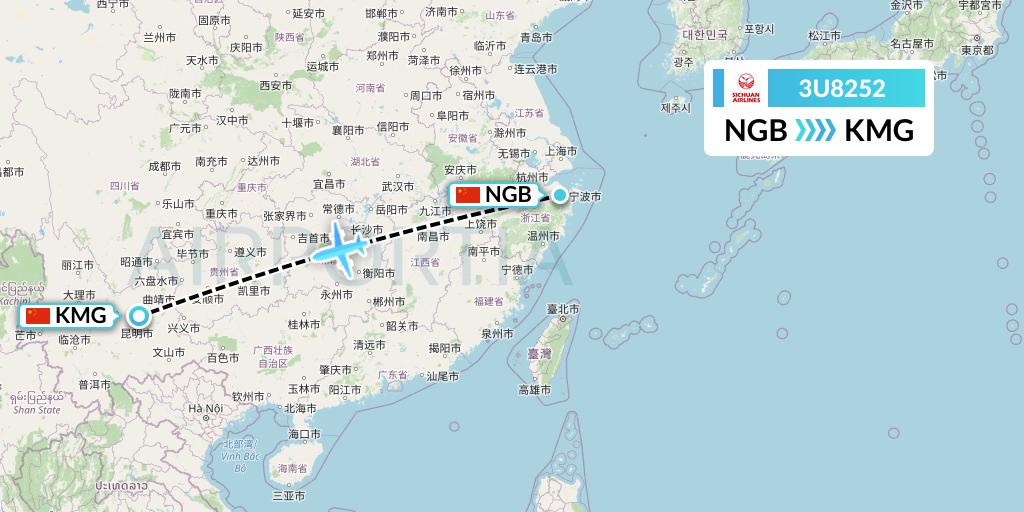 3U8252 Sichuan Airlines Flight Map: Ningbo to Kunming