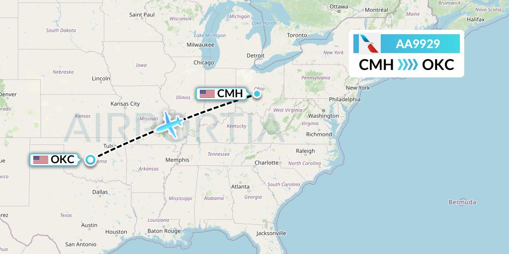 AA9929 American Airlines Flight Map: Columbus to Oklahoma City