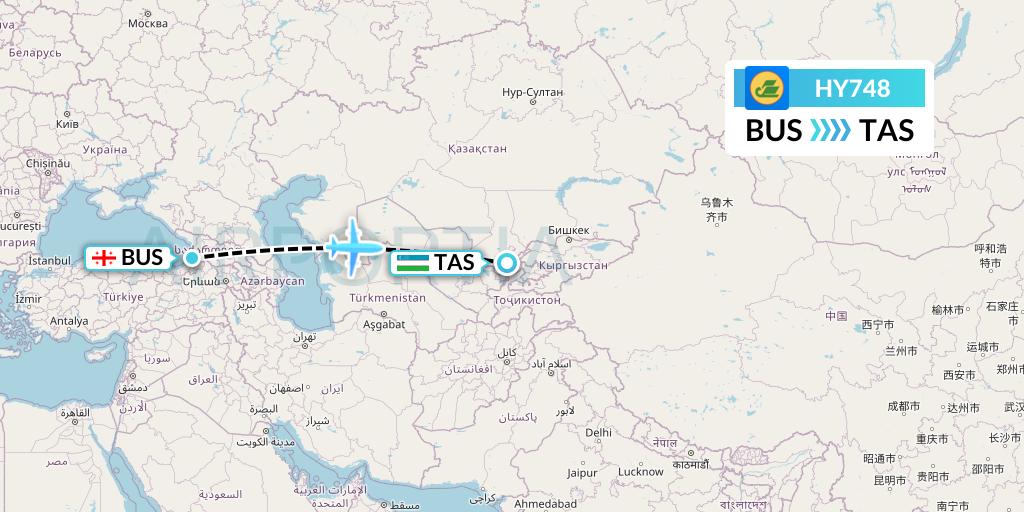 HY748 Uzbekistan Airways Flight Map: Batumi to Tashkent