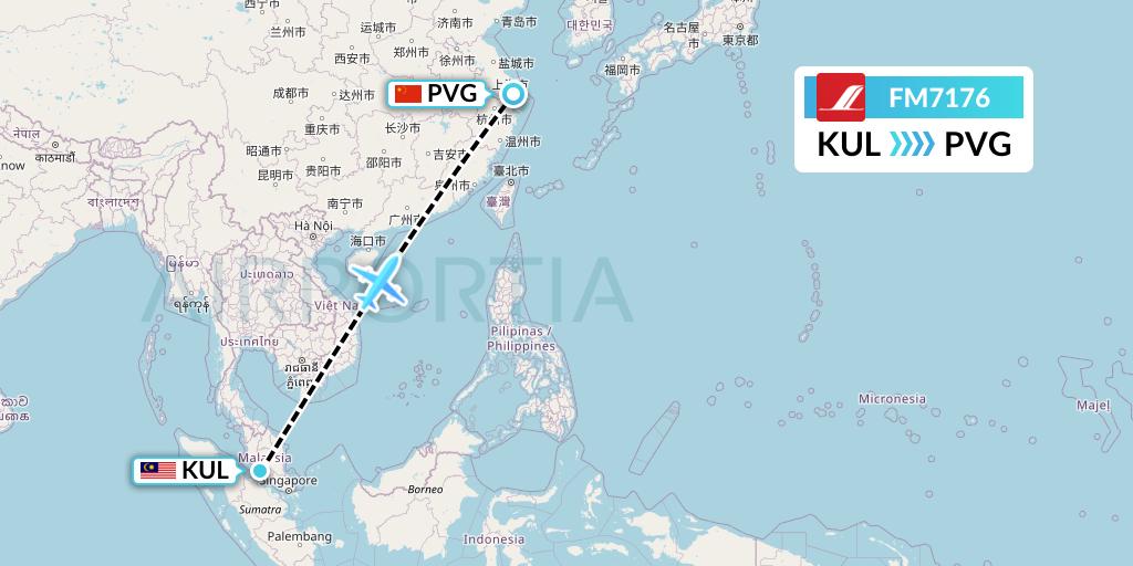 FM7176 Shanghai Airlines Flight Map: Kuala Lumpur to Shanghai