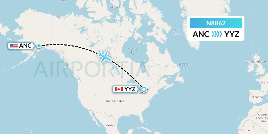 N8862 National Airlines Flight Map: Anchorage to Toronto