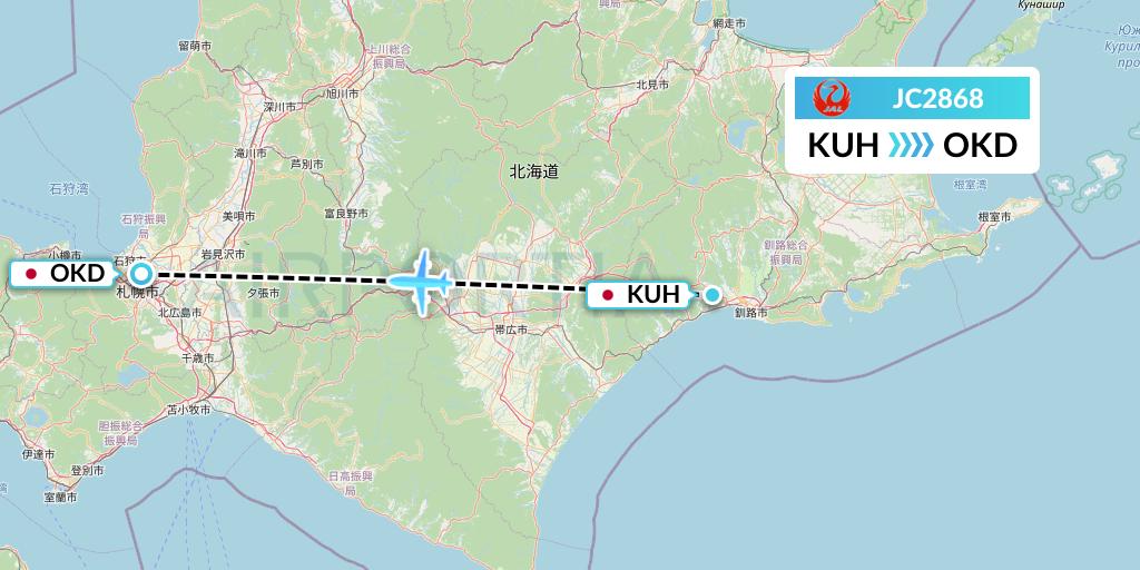 JC2868 Japan Air Commuter Flight Map: Kushiro to Sapporo